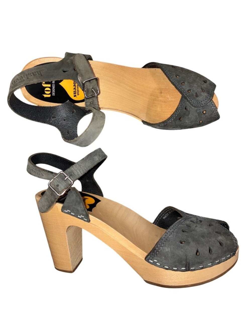 Swedish Hasbeens Savannah Leather Clogs sandal shoes Size 39 Wooden Heel